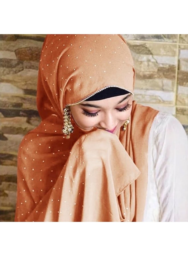 2Pcs Light Pink Rhinestone Pearl Chiffon Hijab Scarf 180x70cm, Sparkling Gold Beaded Trim Muslim Women Head Wrap for Party Worship Daily Wear - Image 3