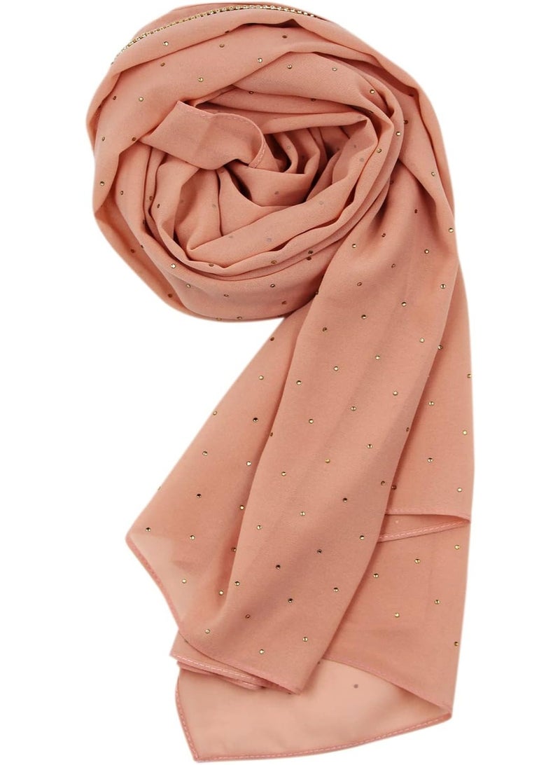2Pcs Light Pink Rhinestone Pearl Chiffon Hijab Scarf 180x70cm, Sparkling Gold Beaded Trim Muslim Women Head Wrap for Party Worship Daily Wear - Image 5