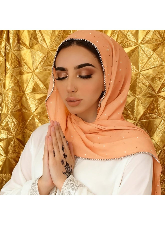 2Pcs Light Pink Rhinestone Pearl Chiffon Hijab Scarf 180x70cm, Sparkling Gold Beaded Trim Muslim Women Head Wrap for Party Worship Daily Wear - Image 4