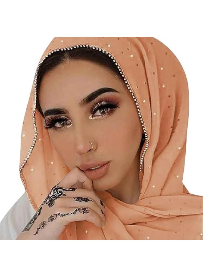 2Pcs Light Pink Rhinestone Pearl Chiffon Hijab Scarf 180x70cm, Sparkling Gold Beaded Trim Muslim Women Head Wrap for Party Worship Daily Wear - Image 1