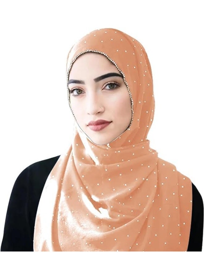 2Pcs Light Pink Rhinestone Pearl Chiffon Hijab Scarf 180x70cm, Sparkling Gold Beaded Trim Muslim Women Head Wrap for Party Worship Daily Wear - Image 2