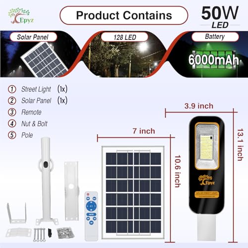 Epyz 50 Watt Semi-Integrated Solar Street Light Aluminium Body Outdoor with Remote and Dusk to Dawn for Garden, Street, Lawn [ 128LED, 6000mAh, Pack of 1, Cold White Light ] - Image 4