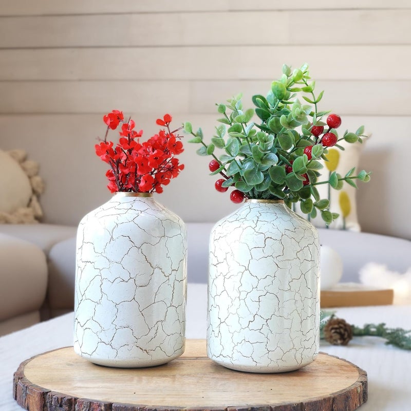 Behoma Metal Flower Vase for Home Decor Bedroom Living Room Table Decorative Item for Festivals 2 Pcs OffWhite Crackled 105 x 157 CM Flower not Included Set of 2 - Image 1