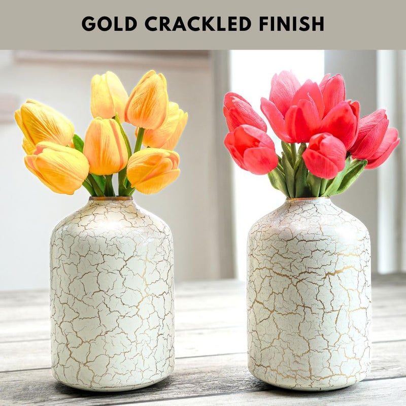 Behoma Metal Flower Vase for Home Decor Bedroom Living Room Table Decorative Item for Festivals 2 Pcs OffWhite Crackled 105 x 157 CM Flower not Included Set of 2 - Image 5