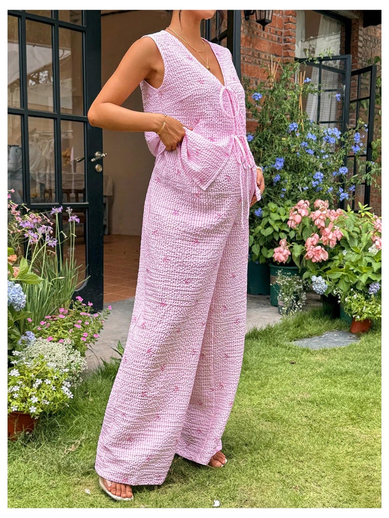 MakeMeChic Women's Maternity Summer 2 Piece Outfits Pregnancy Boho Vacation Striped Bow Top and Pants Set Pink Medium - Image 5