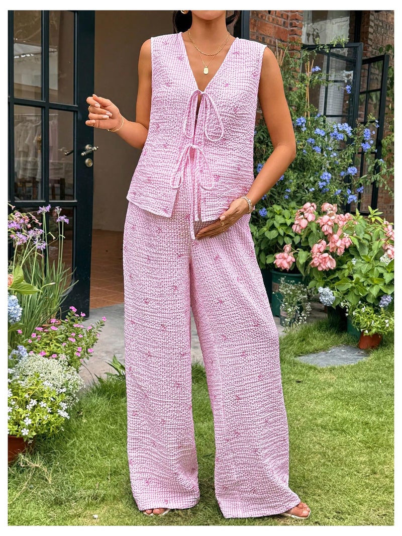 MakeMeChic Women's Maternity Summer 2 Piece Outfits Pregnancy Boho Vacation Striped Bow Top and Pants Set Pink Medium - Image 2