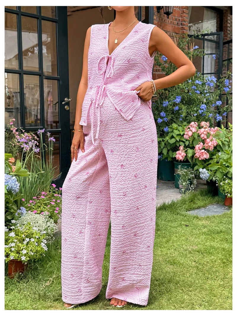 MakeMeChic Women's Maternity Summer 2 Piece Outfits Pregnancy Boho Vacation Striped Bow Top and Pants Set Pink Medium - Image 4