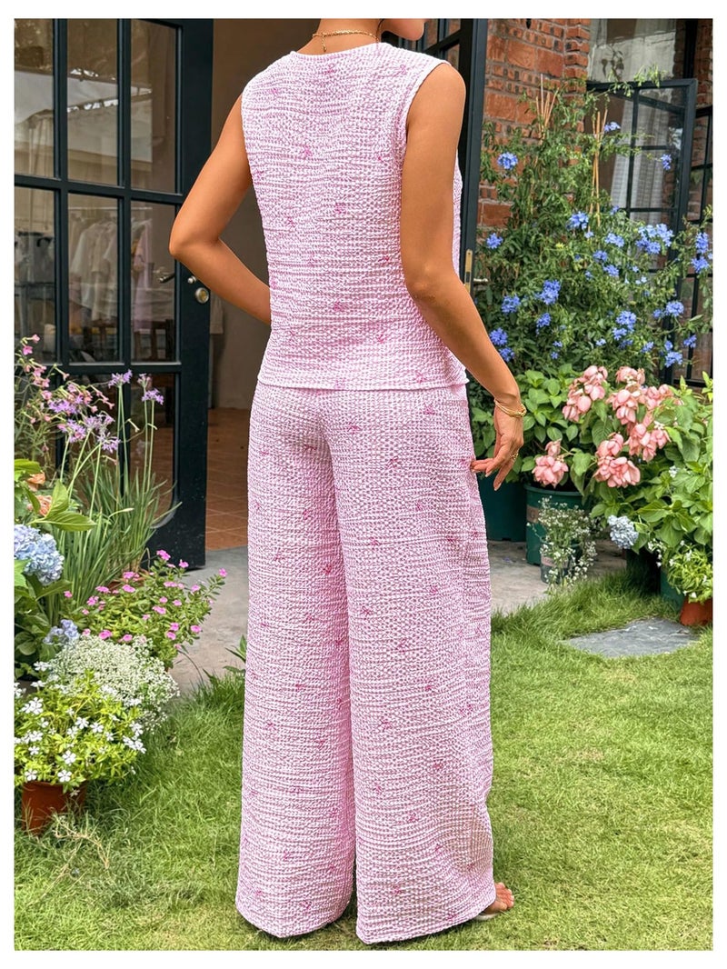 MakeMeChic Women's Maternity Summer 2 Piece Outfits Pregnancy Boho Vacation Striped Bow Top and Pants Set Pink Medium - Image 3