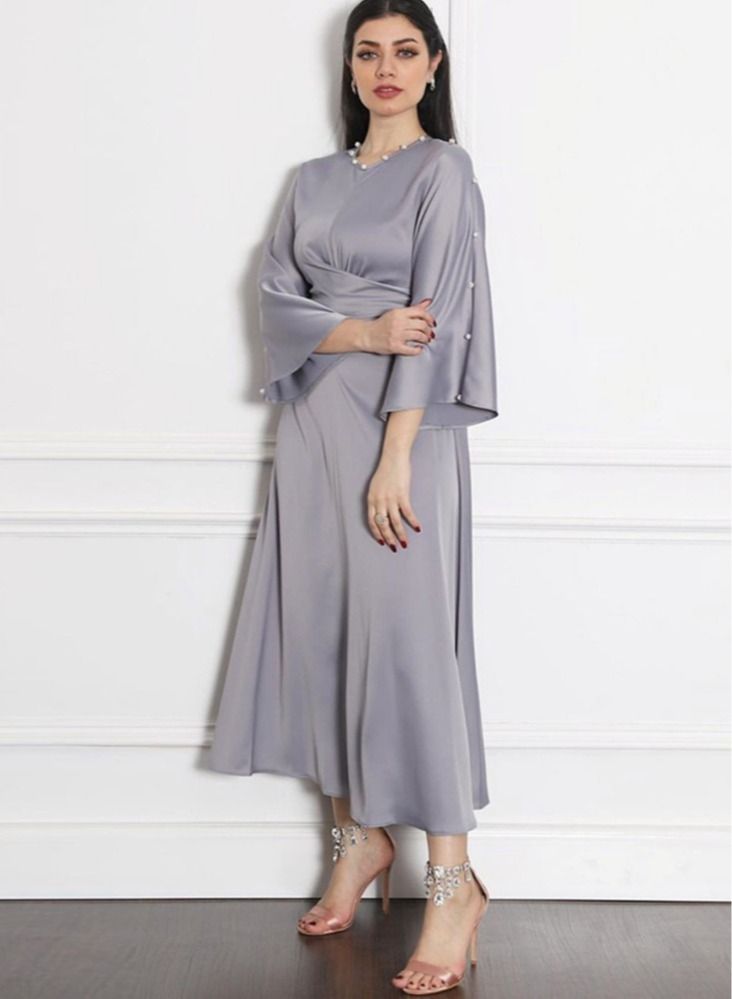 NIBEMINENT Muslim Women's Ramadan Satin Lotus Leaf Sleeve Dress  - Image 1