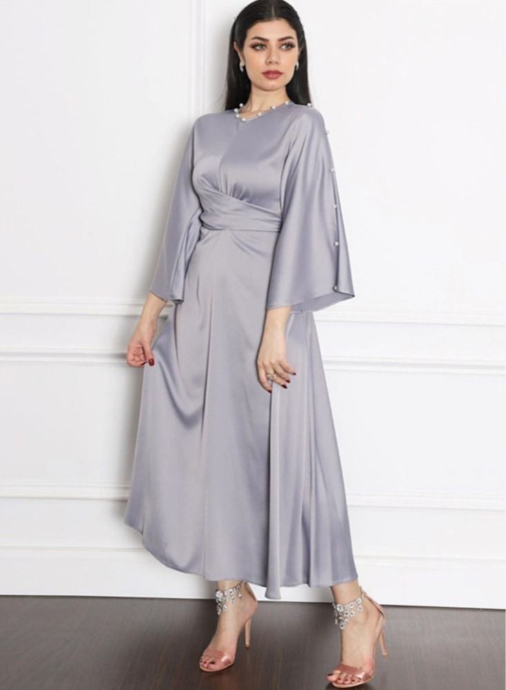 NIBEMINENT Muslim Women's Ramadan Satin Lotus Leaf Sleeve Dress  - Image 2