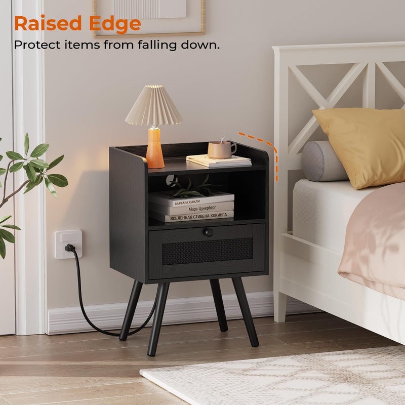 SUPERJARE Nightstand with Charging Station, Bedside Table with Texilene Surface Drawers, Rattan Side Table with Storage & Solid Wood Feet, End Table for Bedroom, All Black - Image 2
