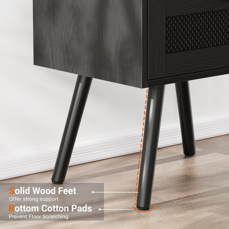 SUPERJARE Nightstand with Charging Station, Bedside Table with Texilene Surface Drawers, Rattan Side Table with Storage & Solid Wood Feet, End Table for Bedroom, All Black - Image 5
