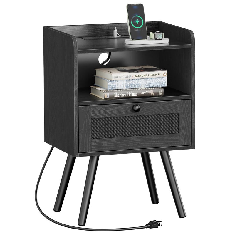 SUPERJARE Nightstand with Charging Station, Bedside Table with Texilene Surface Drawers, Rattan Side Table with Storage & Solid Wood Feet, End Table for Bedroom, All Black - Image 1
