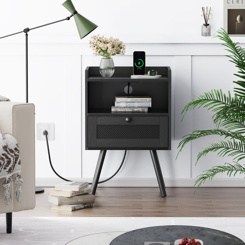 SUPERJARE Nightstand with Charging Station, Bedside Table with Texilene Surface Drawers, Rattan Side Table with Storage & Solid Wood Feet, End Table for Bedroom, All Black - Image 3