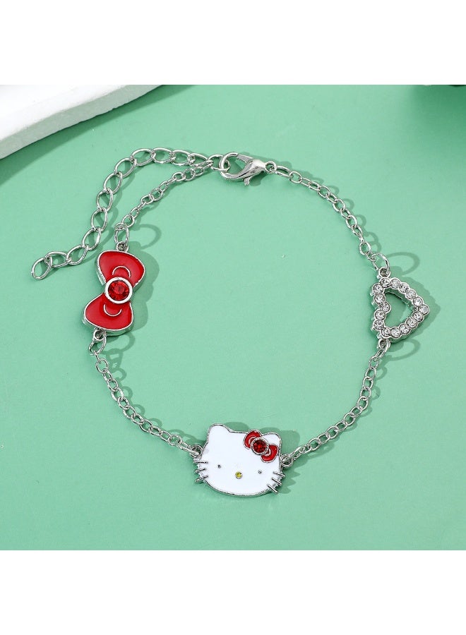 Hello Kitty Cute Cartoon Cat Bow Charm Bracelet, Silver‑Tone Chain Hollow Heart Rhinestone Adjustable Wrist Jewelry for Girls - Image 3