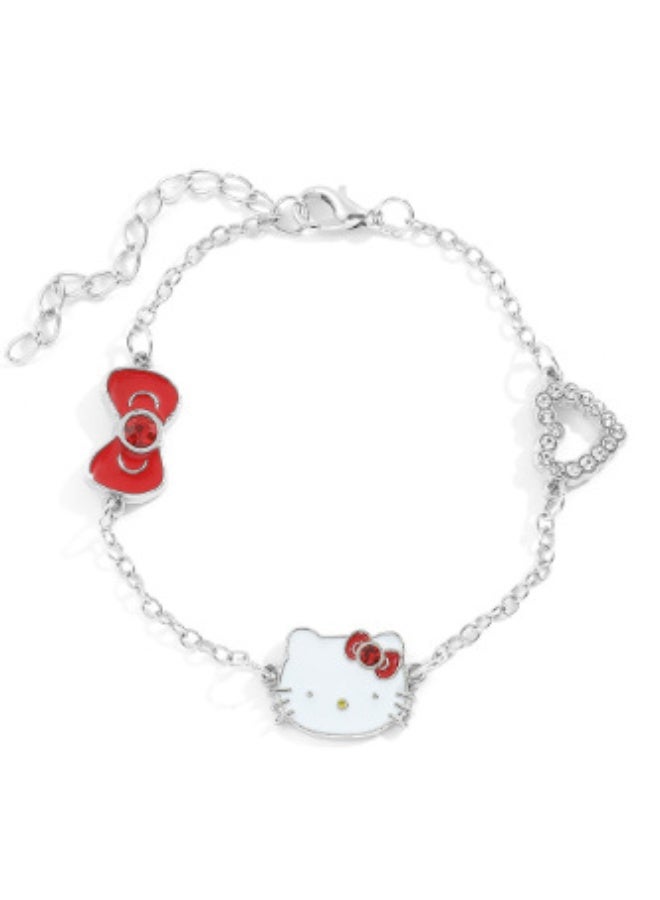 Hello Kitty Cute Cartoon Cat Bow Charm Bracelet, Silver‑Tone Chain Hollow Heart Rhinestone Adjustable Wrist Jewelry for Girls - Image 1