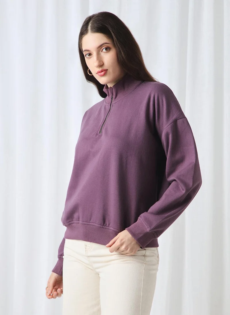 globus Globus Women Lavender Drop Shoulder Sleeves Half Zipper High Neck Ribbed Hem Oversized Sweatshirt