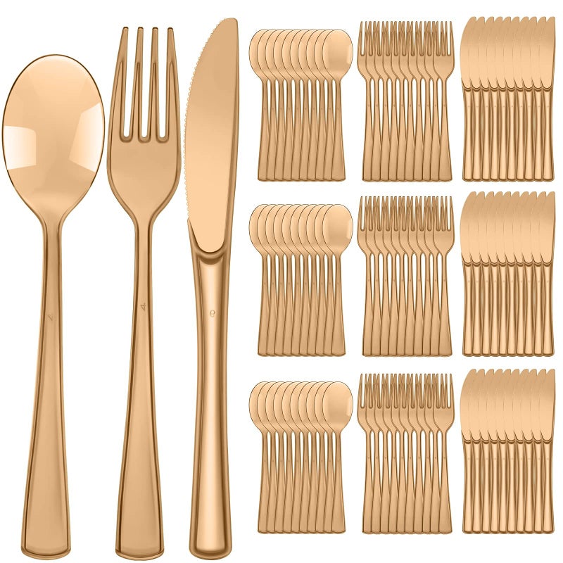 Minatee 150 Pieces Disposable Cutlery Set Plastic Silverware Heavy Duty Utensil Sets 50 Forks 50 Knives 50 Spoons for Home Office School Party Picnics Restaurant Outdoor Events or Every Day Use (Brown) - Image 1