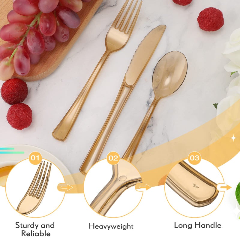 Minatee 150 Pieces Disposable Cutlery Set Plastic Silverware Heavy Duty Utensil Sets 50 Forks 50 Knives 50 Spoons for Home Office School Party Picnics Restaurant Outdoor Events or Every Day Use (Brown) - Image 3