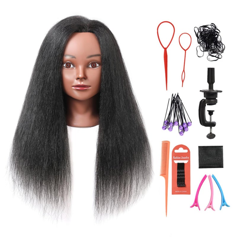 Armmu رأس دمية مع شعر حقيقي 100%، 16" دمية تدريب تجميلية لرؤساء مصففي الشعر لتدريب تصفيف الشعر مع حامل مشبك - أسود - Image 1