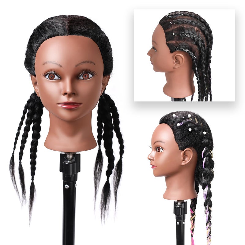 Armmu رأس دمية مع شعر حقيقي 100%، 16" دمية تدريب تجميلية لرؤساء مصففي الشعر لتدريب تصفيف الشعر مع حامل مشبك - أسود - Image 5