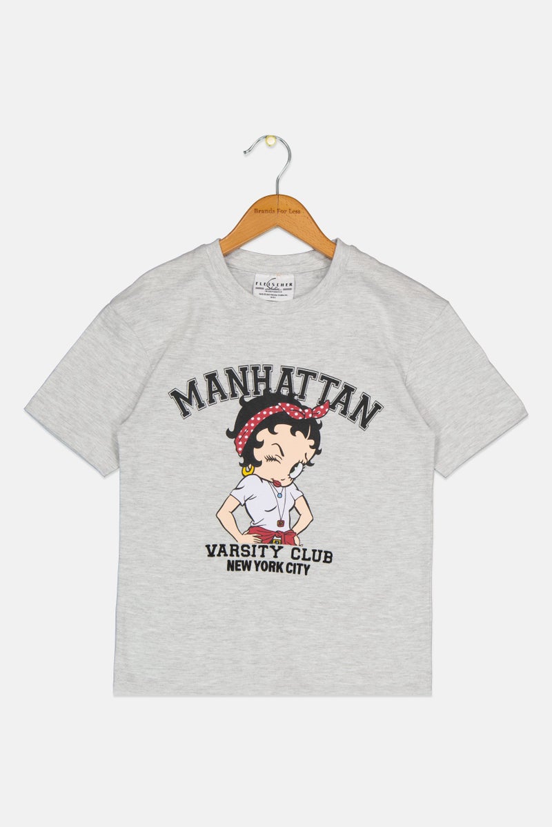 Fleischer Studios Kids Girl Crew Neck Short Sleeves Graphic Print T-Shirt, Light Grey  - Image 1
