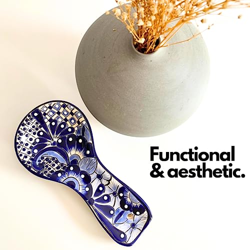 Casa Fiesta Designs Ceramic Spoon Rest - Hand Painted Talavera Ceramic Spoon Holder in Gift Box - Lead-Free - Blue and White Mexican Style Cuchara Azul Blanco - Image 3