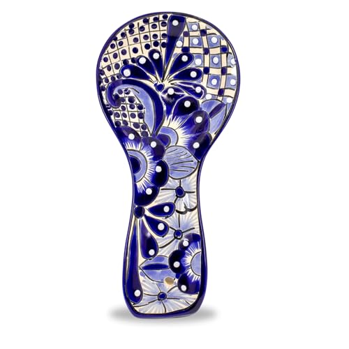 Casa Fiesta Designs Ceramic Spoon Rest - Hand Painted Talavera Ceramic Spoon Holder in Gift Box - Lead-Free - Blue and White Mexican Style Cuchara Azul Blanco - Image 1