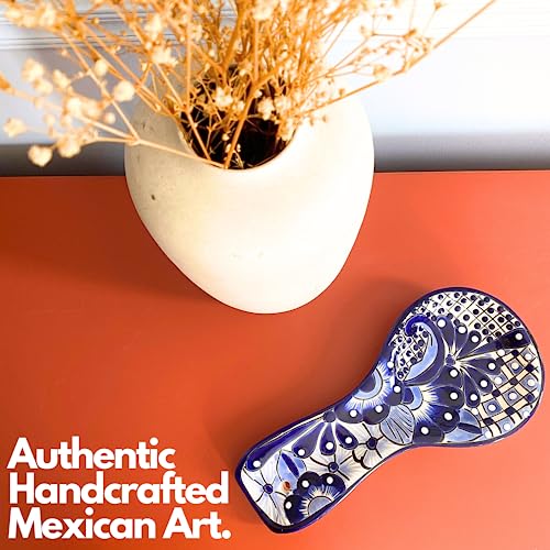 Casa Fiesta Designs Ceramic Spoon Rest - Hand Painted Talavera Ceramic Spoon Holder in Gift Box - Lead-Free - Blue and White Mexican Style Cuchara Azul Blanco - Image 2