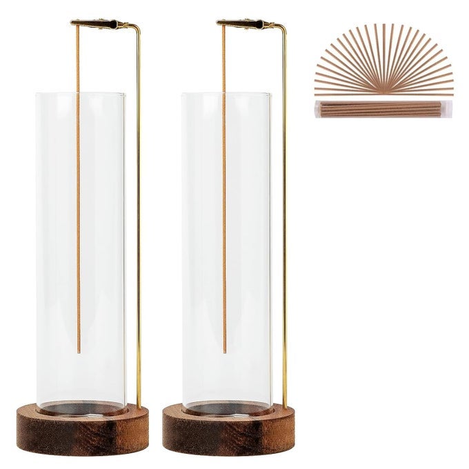 Incense Holder for Sticks AntiAsh Flying Incense Burner with 30 Incense Sticks Detachable Glass Ash Catcher Wood Brown2Pcs