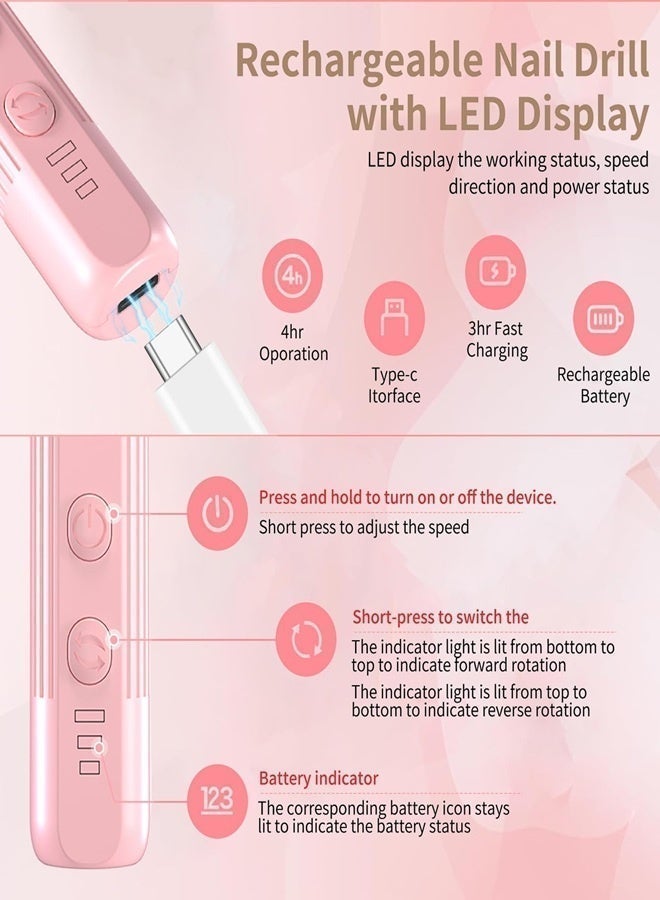 DOLOLO Electric Nail Drill for Gel Polish and Acrylic Nails, 3 Speeds Cordless Nail Files Set Professional Manicure Pedicure Kit, Rechargeable Portable Nail File Kit for Hand Foot Care(Pink) - Image 5