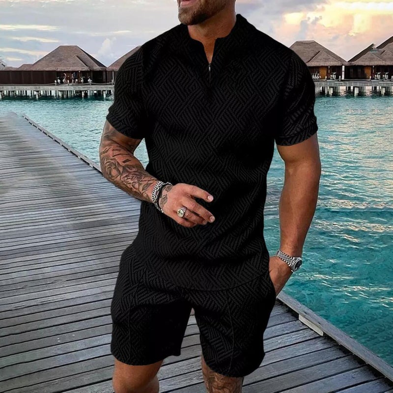 2022 cross-border European and American men's new independent station supply casual color contrast POLO zipper lapel shirt short-sleeved suit FLY-TZ34 Black 5XL