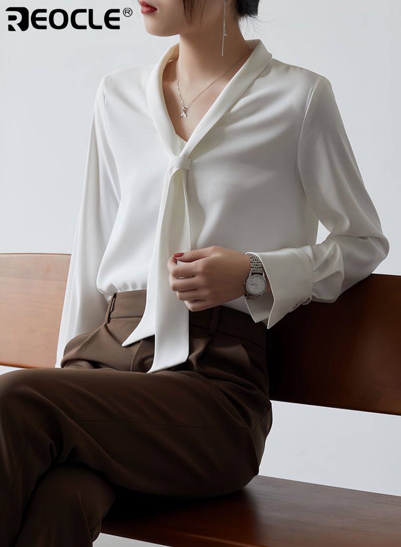 REOCLE Women’s Bow Tie Blouse with Long Sleeve and Dressy Design Elegant Office Shirt with Tailored Fit for Professional Wear - Image 2