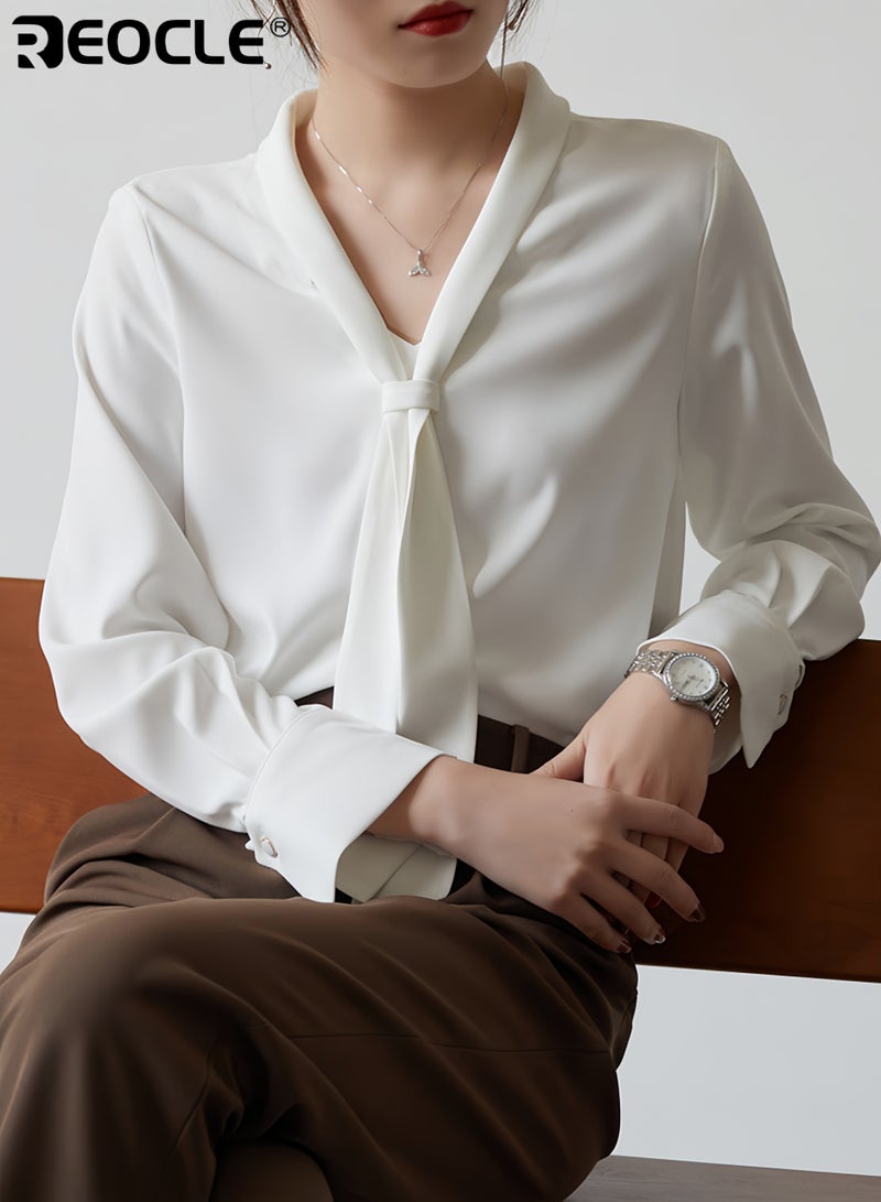 REOCLE Women’s Bow Tie Blouse with Long Sleeve and Dressy Design Elegant Office Shirt with Tailored Fit for Professional Wear - Image 1