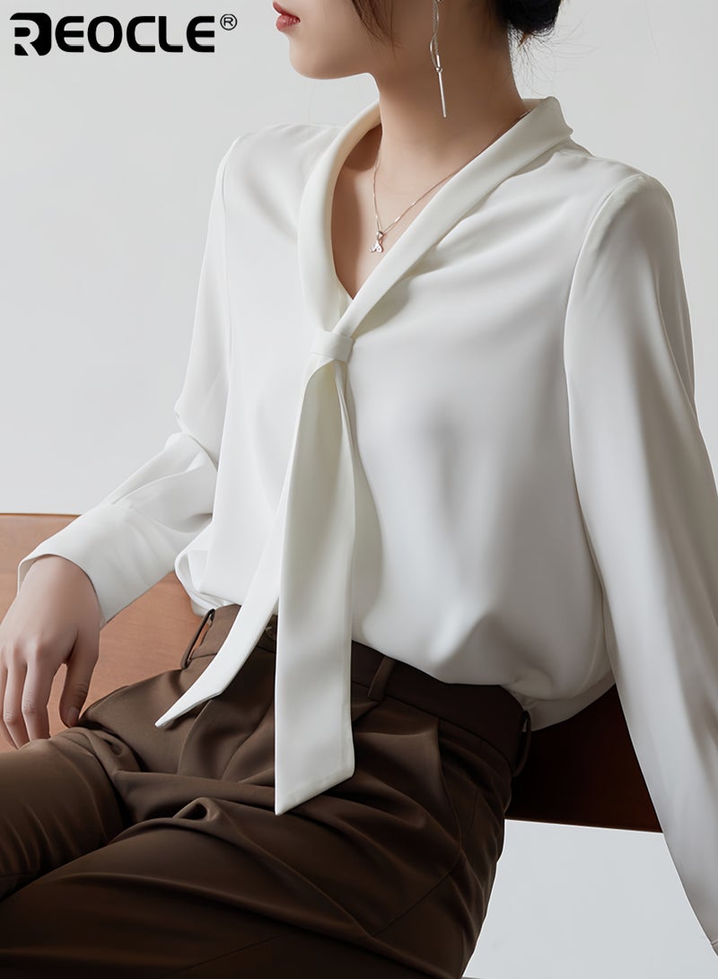 REOCLE Women’s Bow Tie Blouse with Long Sleeve and Dressy Design Elegant Office Shirt with Tailored Fit for Professional Wear - Image 3