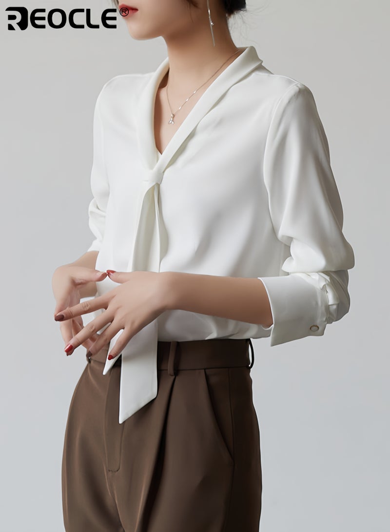 REOCLE Women’s Bow Tie Blouse with Long Sleeve and Dressy Design Elegant Office Shirt with Tailored Fit for Professional Wear - Image 5