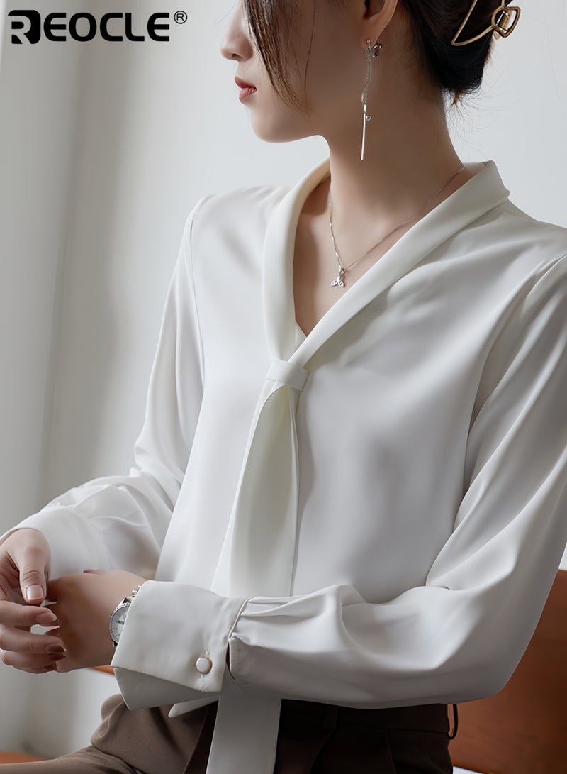 REOCLE Women’s Bow Tie Blouse with Long Sleeve and Dressy Design Elegant Office Shirt with Tailored Fit for Professional Wear - Image 4
