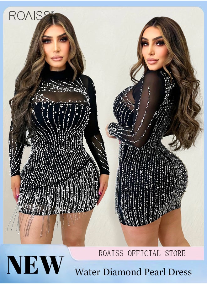 أزياء اللؤلؤ حجر الراين اللباس النساء حزب شرابة شبكة غطاء الورك Bodycon اللباس