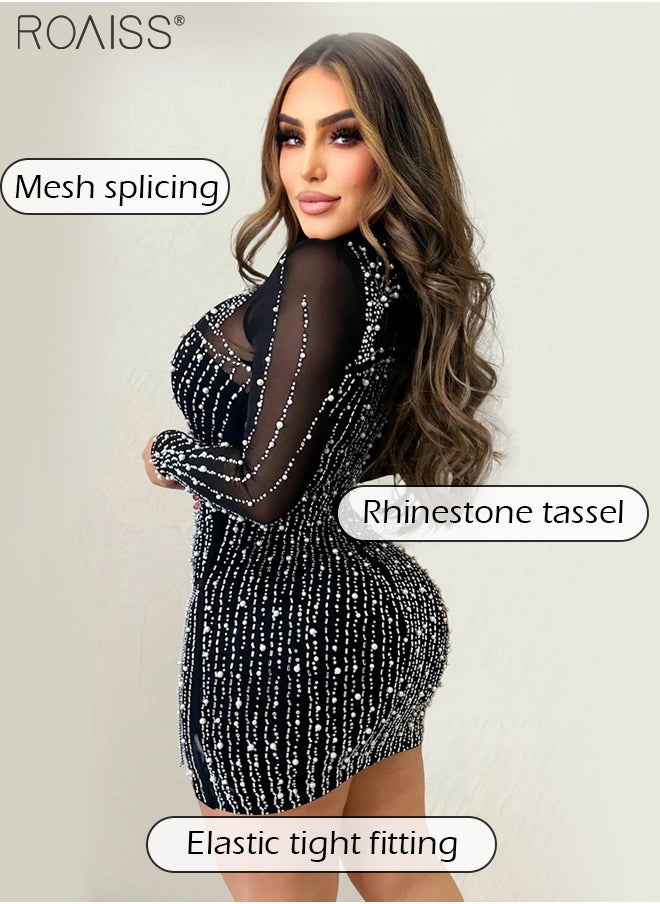 أزياء اللؤلؤ حجر الراين اللباس النساء حزب شرابة شبكة غطاء الورك Bodycon اللباس