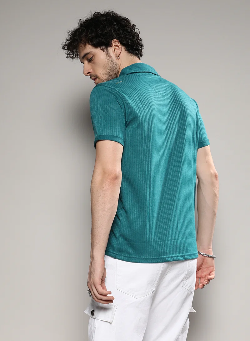 كامبوس سوترا Men's Teal Blue Palm Tree Knit Shirt
