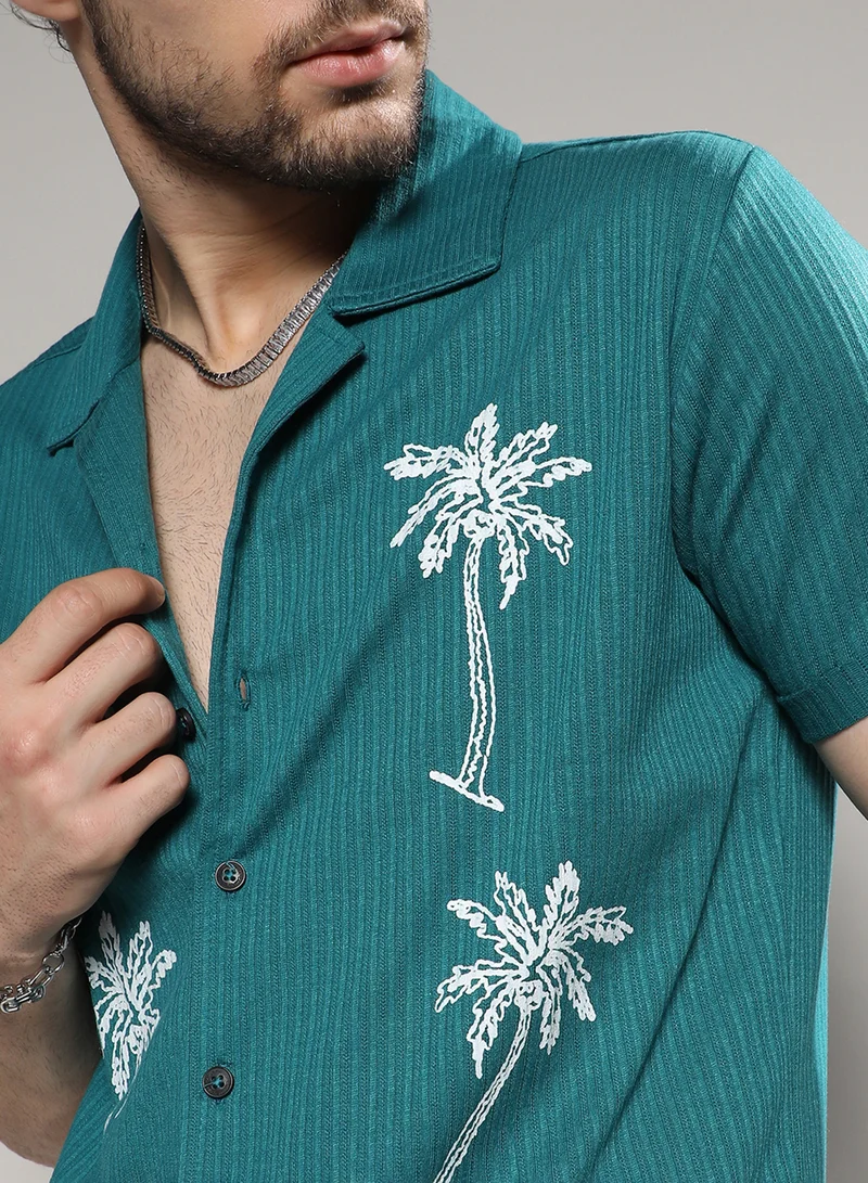 كامبوس سوترا Men's Teal Blue Palm Tree Knit Shirt