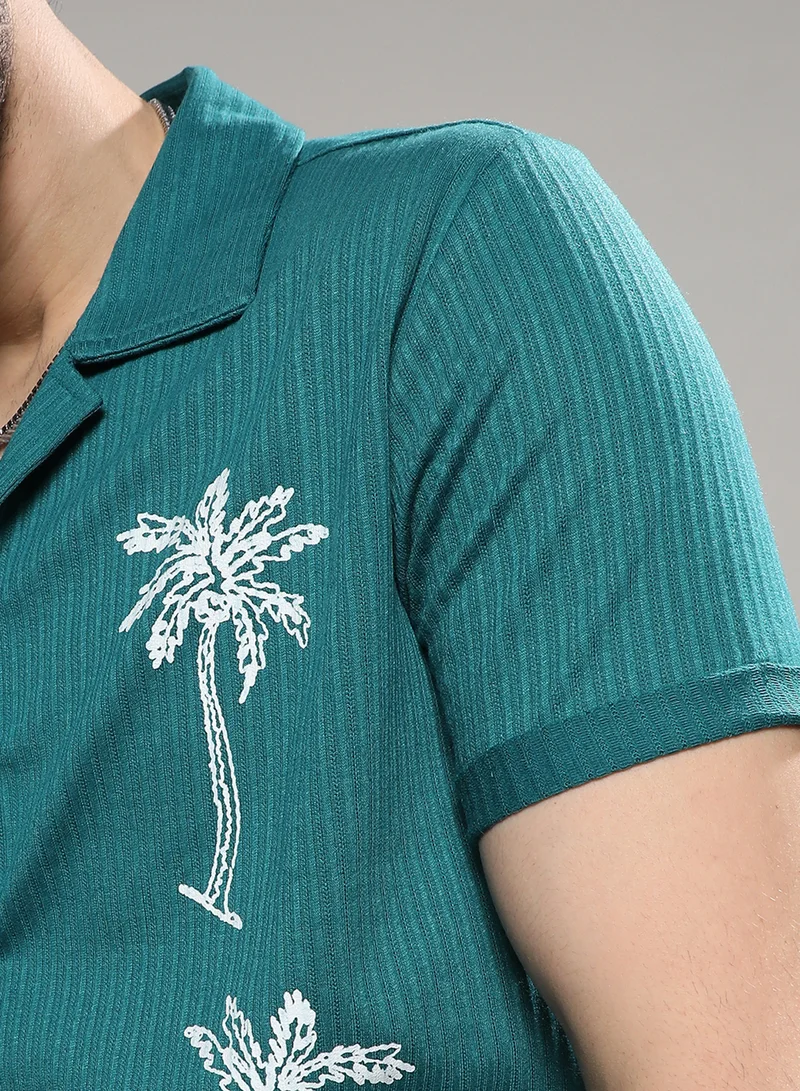 كامبوس سوترا Men's Teal Blue Palm Tree Knit Shirt