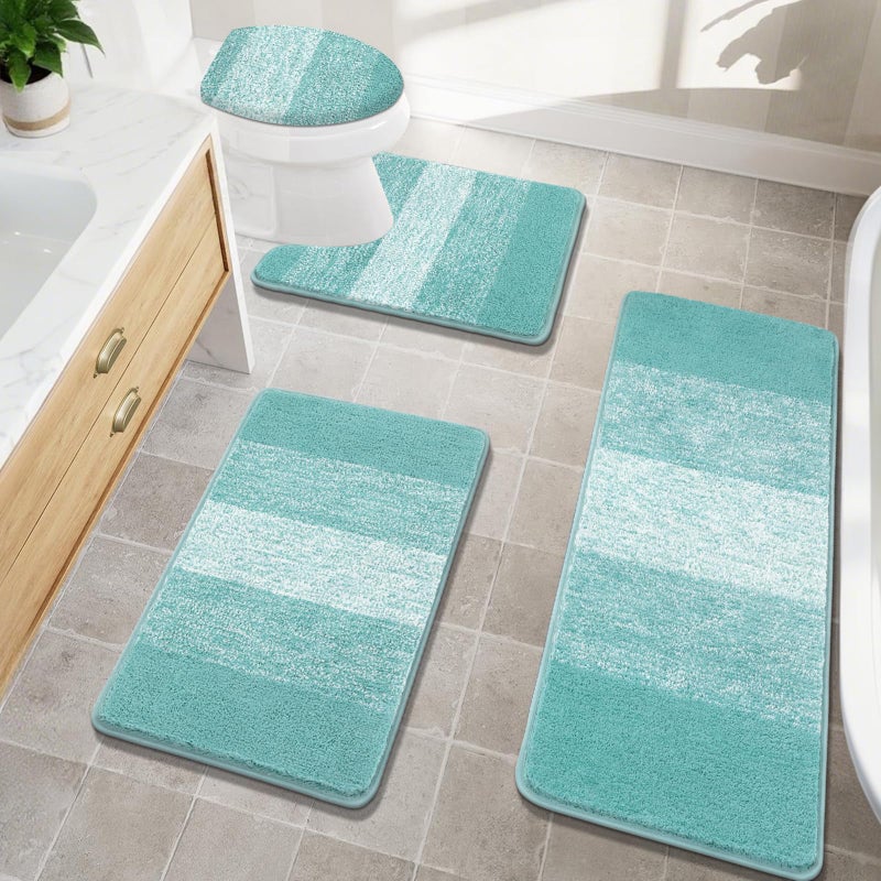 Bsmathom Bathroom Rugs Sets 4 Piece Soft Absorbent Microfiber Bath Rugs with UShaped Contour Toilet Rug and Toilet Lid Cover Thick NonSlip Plush Shaggy Bath Mat SetTeal