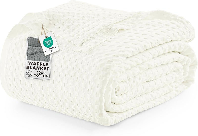 Utopia Bedding Ivory 100% Cotton Waffle Blanket 300 GSM [Twin - 90x66 Inch] Soft Lightweight Breathable Bed Blanket for All Season - Image 1