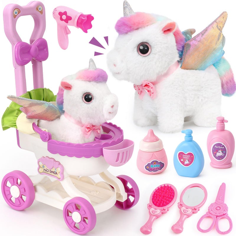 TUZT Girl Interactive Walking Unicorn Stroller Toy Set with Plush Electric Unicorn  Groom Care Accessories Pretend Play Christmas Birthday Gift Toddler 3 4 5 6 Years Unicorn Toys for Girls 46 - Image 3