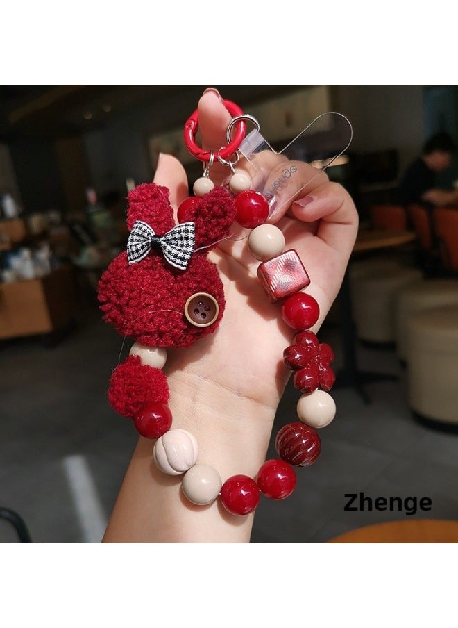 Generic Plush Bunny Flower Round Bead Mobile Phone Chain Lanyard Ins Fashion Chanel Style Women's High-end Wrist Pendant Chain-Specifications Support Image Upload:[red Plush Rabbit] Square String Wine Red Bead Bracelet + Zg Transparent D Buckle Card Strip  - Image 1