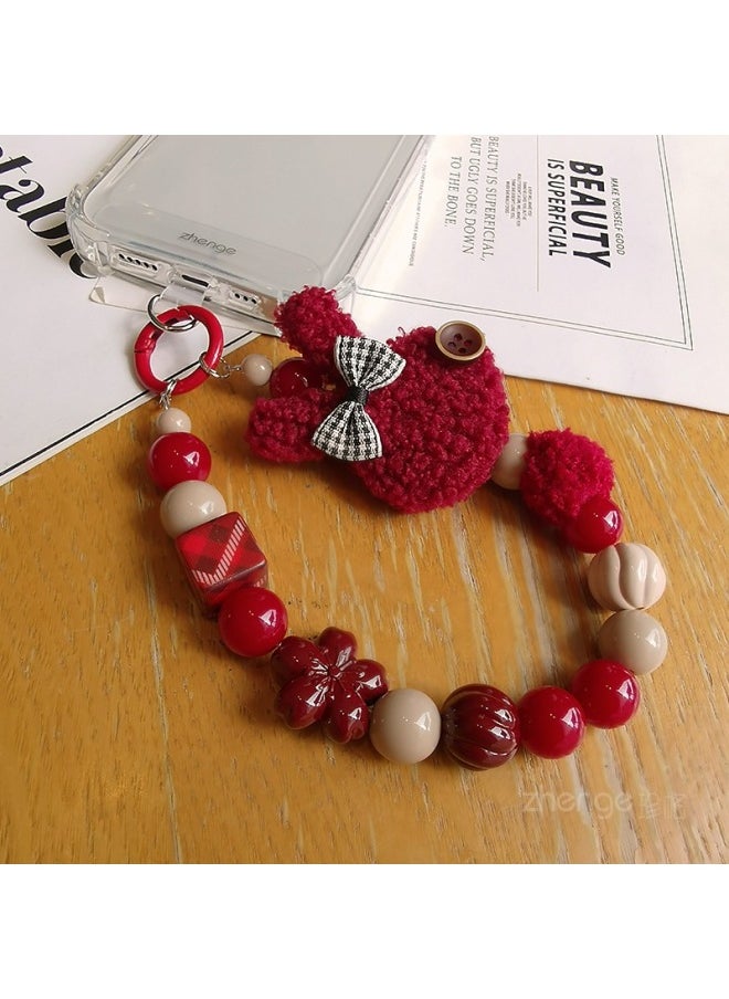 Generic Plush Bunny Flower Round Bead Mobile Phone Chain Lanyard Ins Fashion Chanel Style Women's High-end Wrist Pendant Chain-Specifications Support Image Upload:[red Plush Rabbit] Square String Wine Red Bead Bracelet + Zg Transparent D Buckle Card Strip  - Image 4