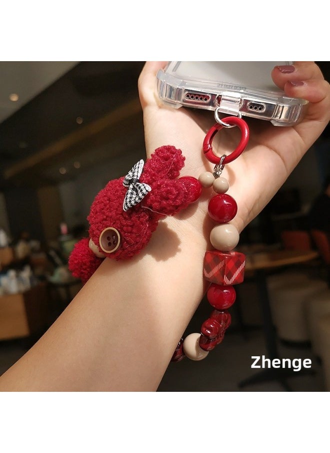 Generic Plush Bunny Flower Round Bead Mobile Phone Chain Lanyard Ins Fashion Chanel Style Women's High-end Wrist Pendant Chain-Specifications Support Image Upload:[red Plush Rabbit] Square String Wine Red Bead Bracelet + Zg Transparent D Buckle Card Strip  - Image 3
