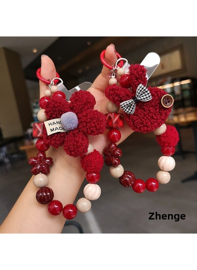 Generic Plush Bunny Flower Round Bead Mobile Phone Chain Lanyard Ins Fashion Chanel Style Women's High-end Wrist Pendant Chain-Specifications Support Image Upload:[red Plush Rabbit] Square String Wine Red Bead Bracelet + Zg Transparent D Buckle Card Strip  - Image 2