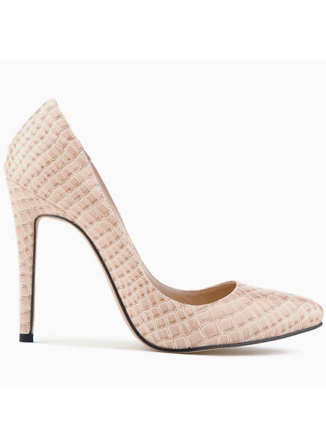 Loquat Crocodile Embossing Pointed Toe Low-Cut Stiletto Bridal Heels nude  - Image 2